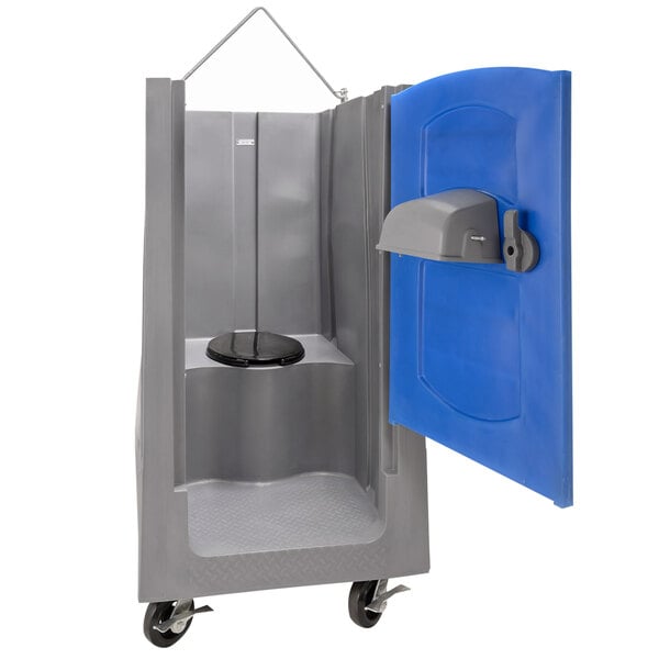 A blue and gray PolyJohn portable toilet with a door open.