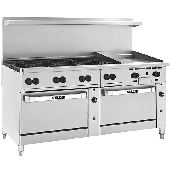 A large stainless steel Vulcan commercial gas range with 8 burners, a 24-inch griddle, and a refrigerated base.