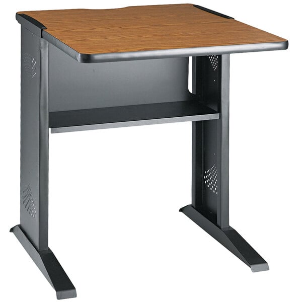 A Safco mahogany and medium oak fax/printer stand with a reversible wooden top.