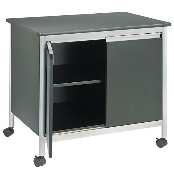 A black steel Safco machine stand with doors.