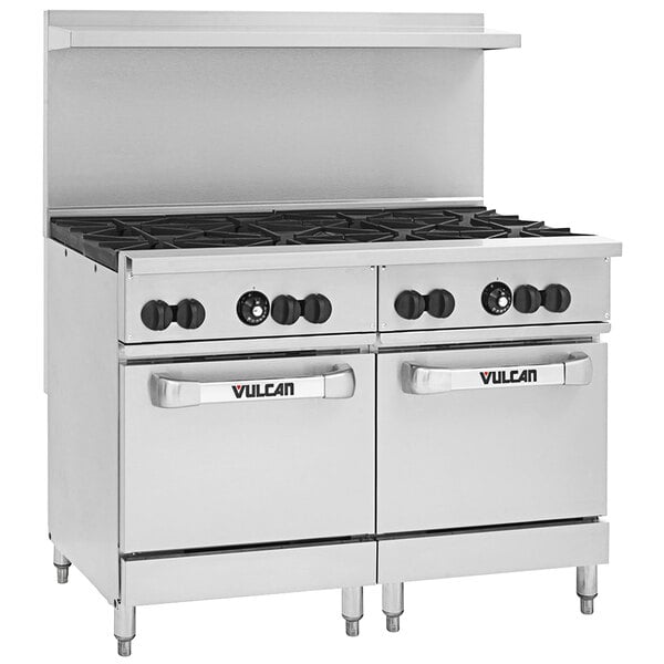 A large stainless steel Vulcan commercial gas range.