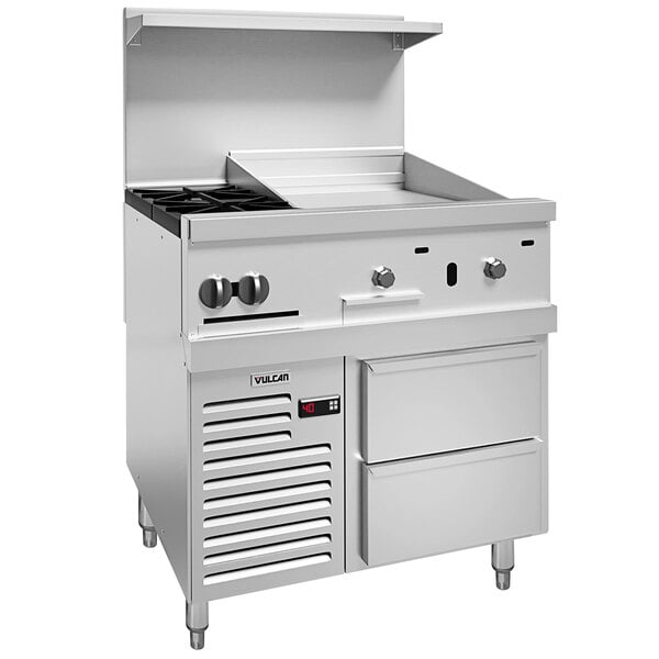A stainless steel Vulcan commercial gas range with open doors and drawers.