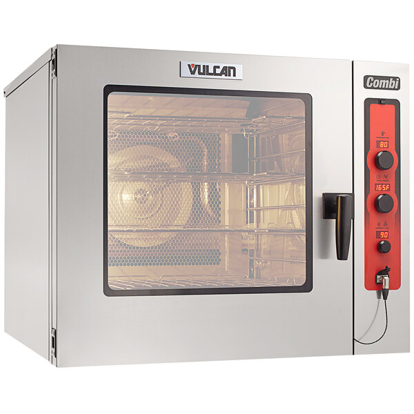 A close-up of a black and red Vulcan electric combi oven with a dial and black knob.