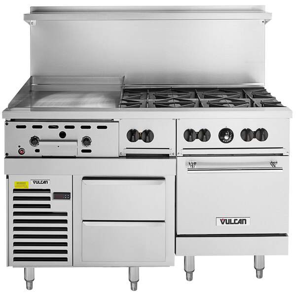 A stainless steel Vulcan commercial range with 6 burners, a 24" griddle, and an oven.