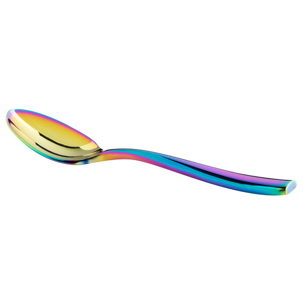 A Bon Chef stainless steel demitasse spoon with a rainbow colored handle.
