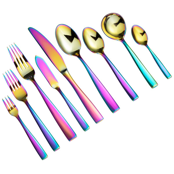 A set of Bon Chef demitasse spoons with rainbow PVD stainless steel.