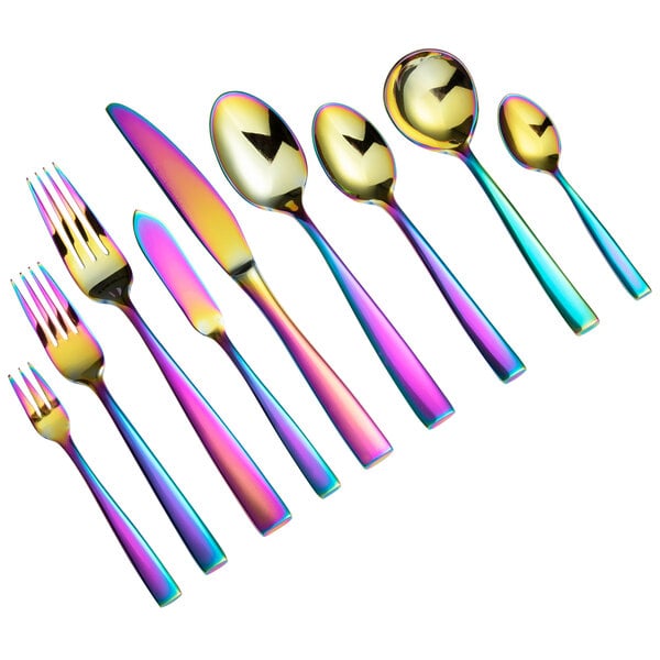 A group of Bon Chef Manhattan rainbow PVD stainless steel forks with different colors on the handles.