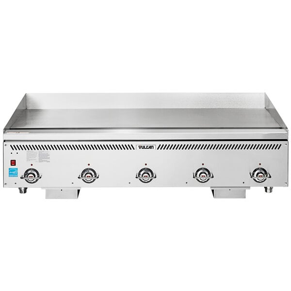 A Vulcan liquid propane gas griddle with atmospheric burners and steel plate on a counter.