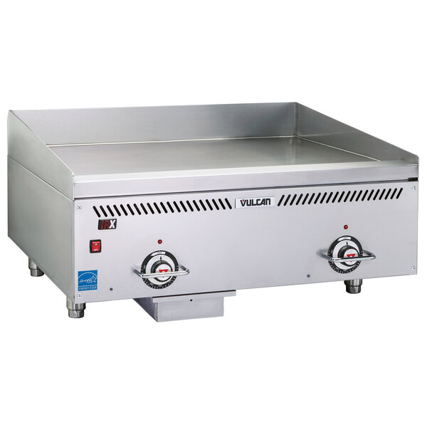 A Vulcan stainless steel commercial gas griddle with infrared burners on a counter.