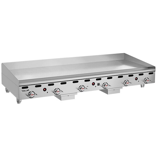 A Vulcan countertop gas griddle with thermostatic controls and four burners.