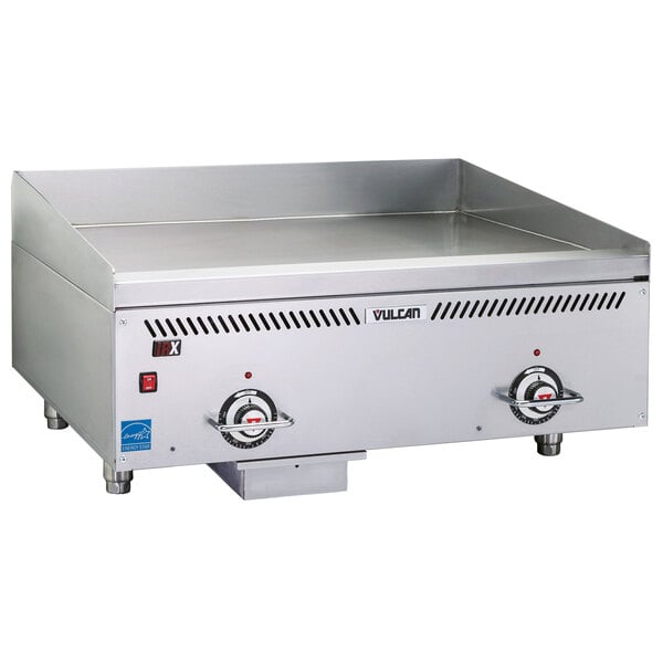 A Vulcan VCCG24-AR stainless steel commercial griddle with two burners.