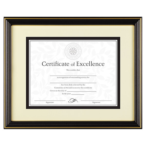 A Dax black document frame with gold trim holding a certificate of excellence.