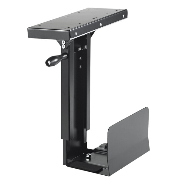 A black metal Safco CPU swivel-mount stand with a shelf.