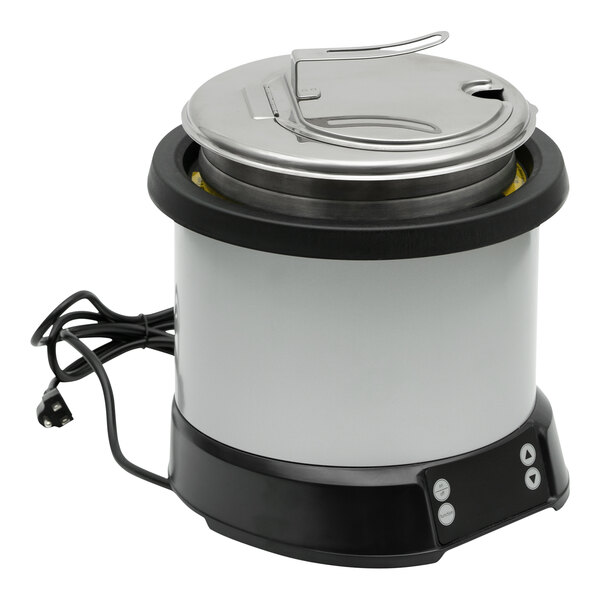 A white and black Vollrath Mirage induction rethermalizer with a lid.