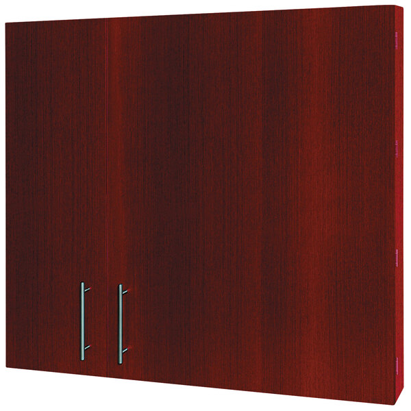 A close-up of a MasterVision cherry laminate conference cabinet.