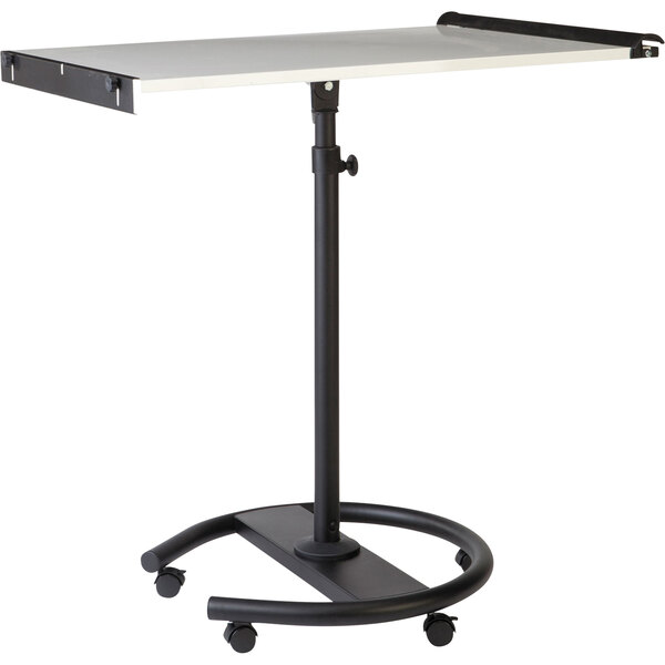 A black and white MasterVision mobile easel with black wheels.