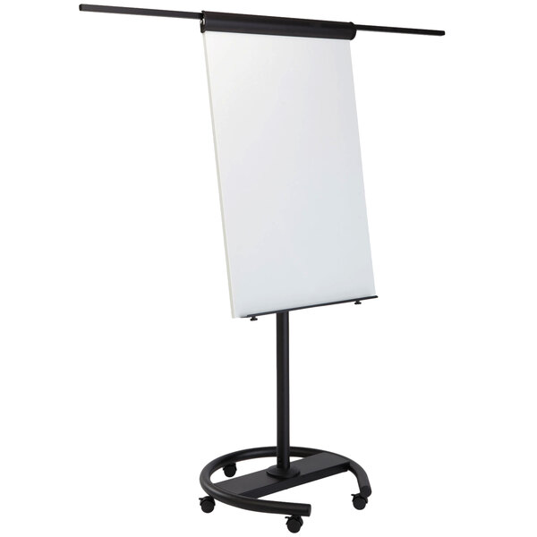 A white board on a black MasterVision easel stand.