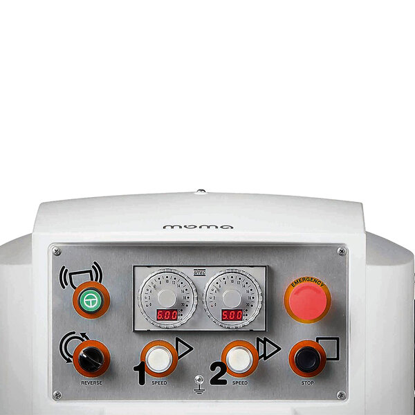 A white Avancini spiral dough mixer with orange accents and buttons.
