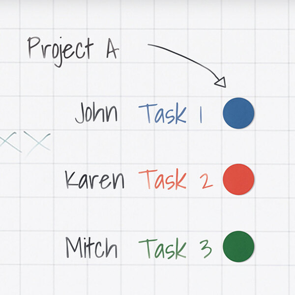 A pack of 3/4 inch blue interchangeable circle magnets used for organizing tasks on a board.