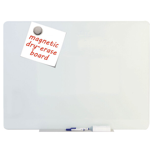 A MasterVision opaque magnetic glass dry erase board with a note pinned to it.