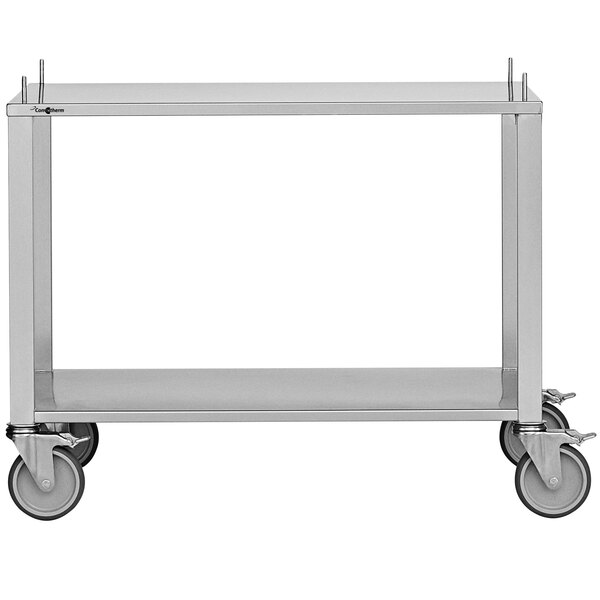 A silver metal Convotherm combi oven equipment stand with wheels.