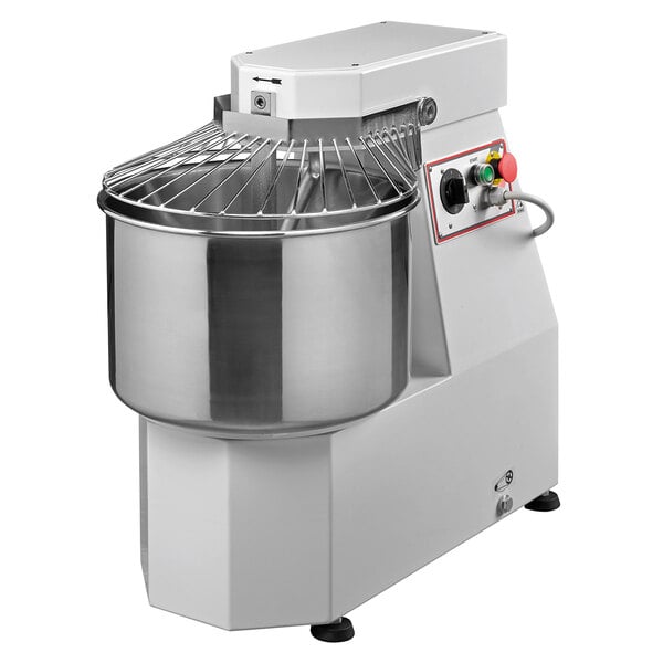 An Avancini single speed spiral dough mixer with a large bowl on top.