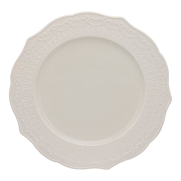 A white bone china plate with a decorative embossed rim.