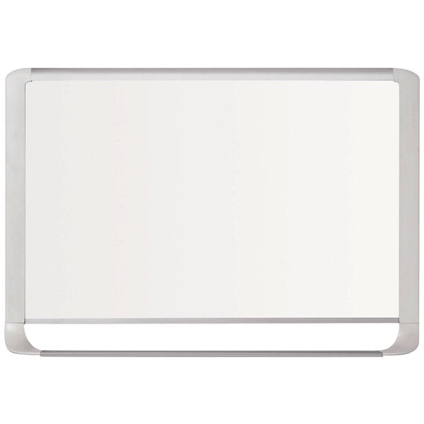 A white board with a silver border.