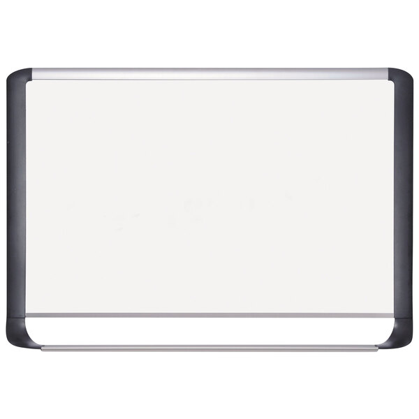 A white board with a black frame and silver trim.