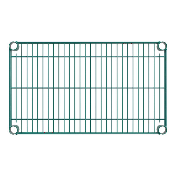 A rectangular green wire shelf with four circular openings at the corners.