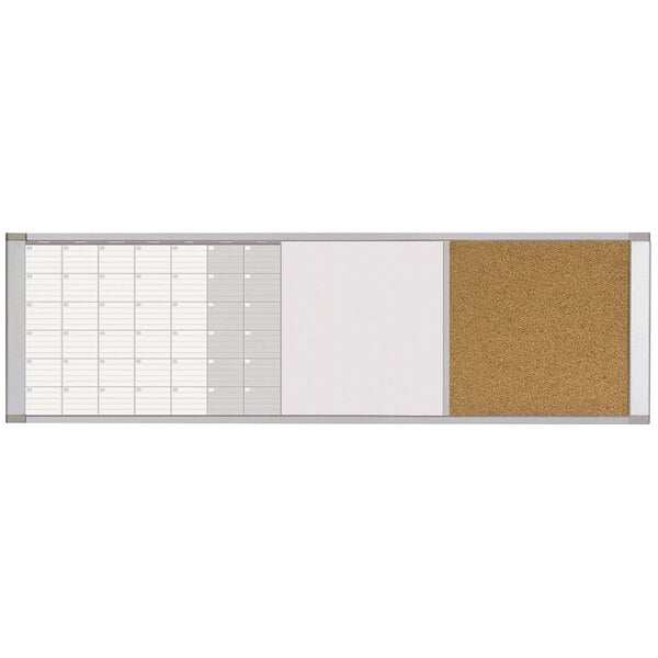 A white rectangular MasterVision board with a calendar and cork board.