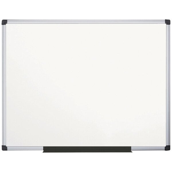 A white MasterVision porcelain dry erase board with a black aluminum frame.