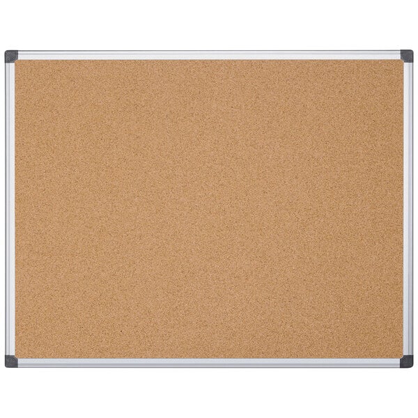 A MasterVision cork board with metal frame.