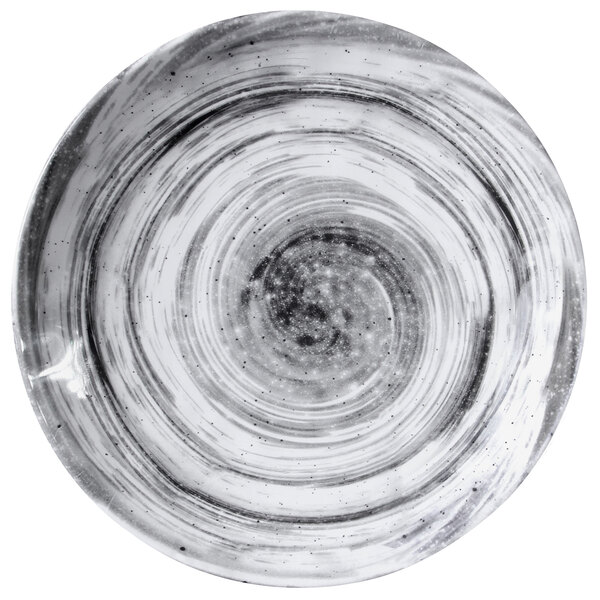 An Elite Global Solutions black melamine plate with swirl design.