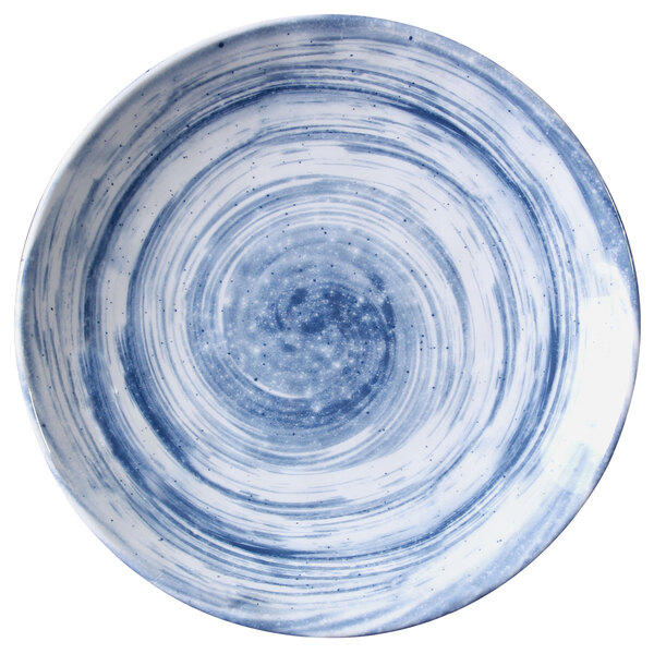 An Elite Global Solutions Van Gogh Navy melamine plate with blue and white swirls.