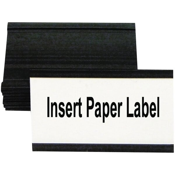 A stack of black rectangular MasterVision magnetic card holders with black borders and white labels inside.