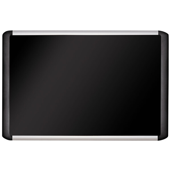 A black rectangular bulletin board with a black and silver metal frame.