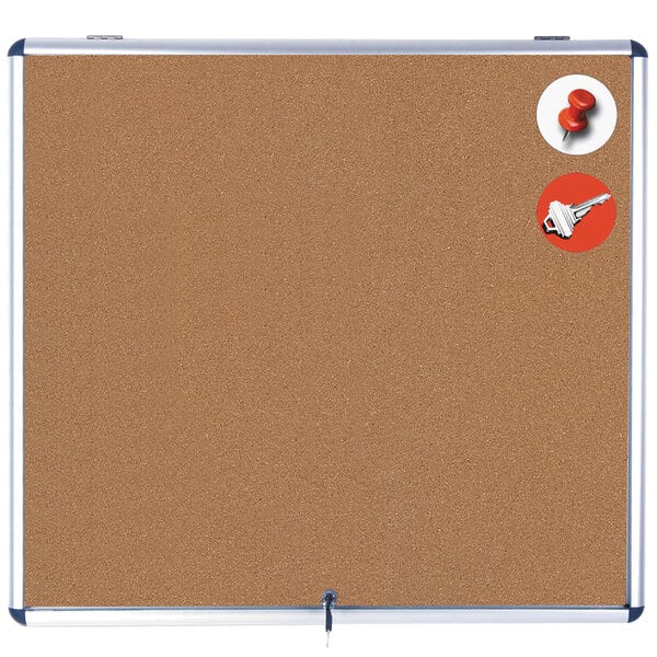 A MasterVision Slim-Line cork bulletin board with an aluminum frame and key lock.