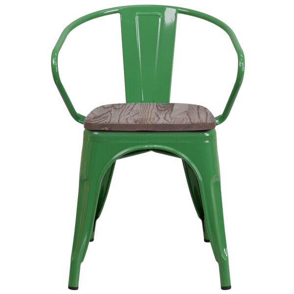 A green metal chair with a wood seat.