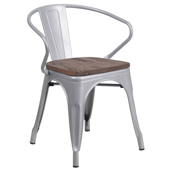 A Flash Furniture silver metal restaurant chair with a wooden seat and arms.
