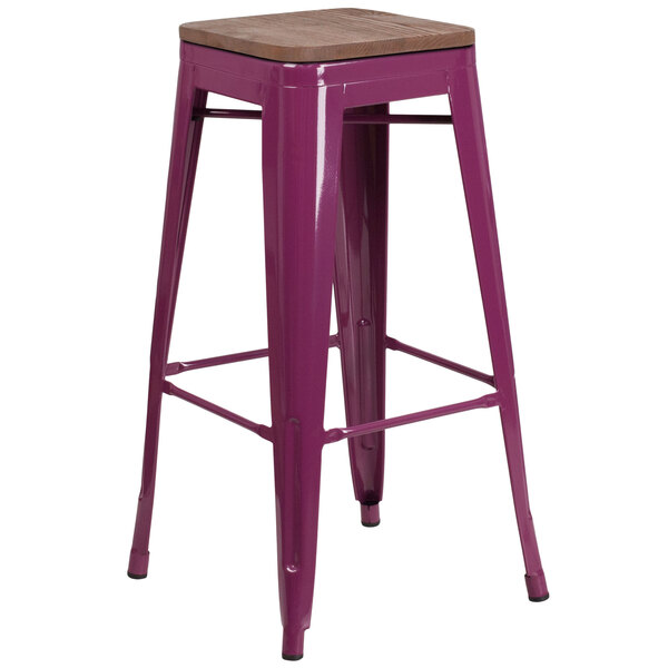 A purple metal Flash Furniture bar stool with a square wood seat.