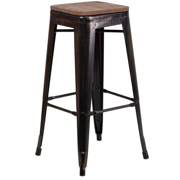 A Flash Furniture black metal bar stool with a square wooden seat.