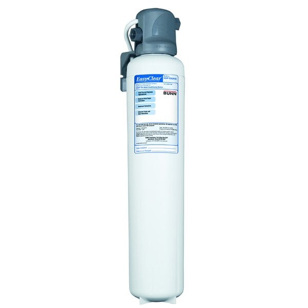 The Bunn Easy Clear water softening system, a white cylinder with a blue label.