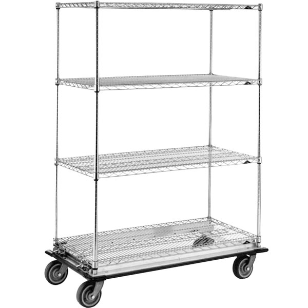 a metal shelf with wheels