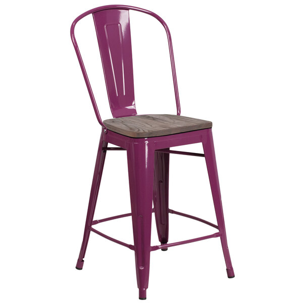 A purple metal restaurant bar stool with a wooden seat.