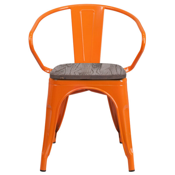 An orange Flash Furniture metal restaurant chair with a wood seat and vertical slat back.