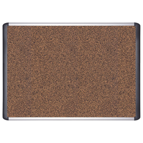 A MasterVision cork board with a black frame and silver trim.