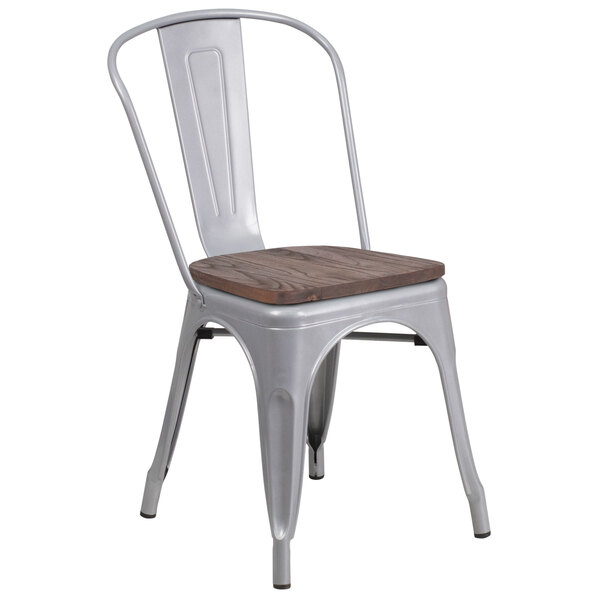 flash furniture ch-31230-sil-wd-gg silver stackable metal chair with  vertical slat back and wood seat