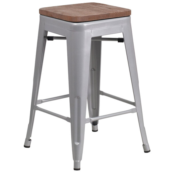 A Flash Furniture silver metal backless counter height stool with a square wood seat.