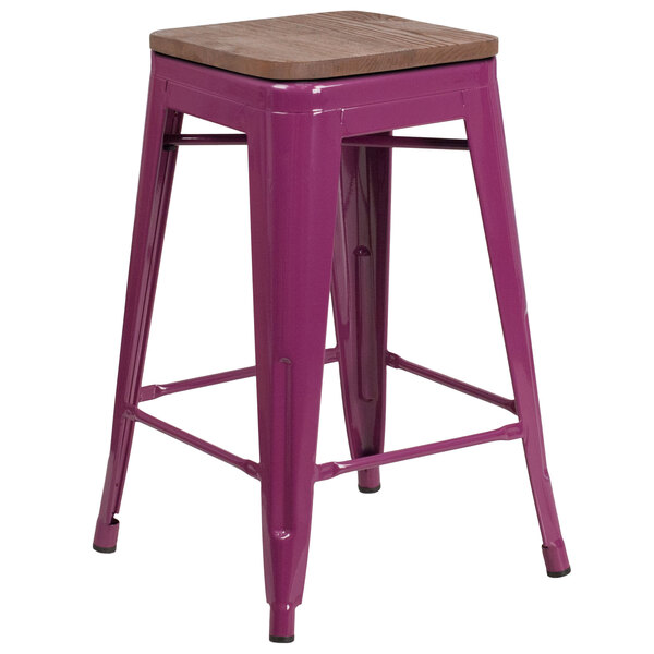 A purple metal stool with a wooden seat.